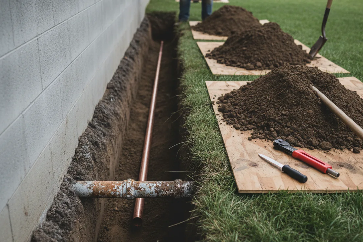 Excavated water line trench during Water Softener Installation in Montalba